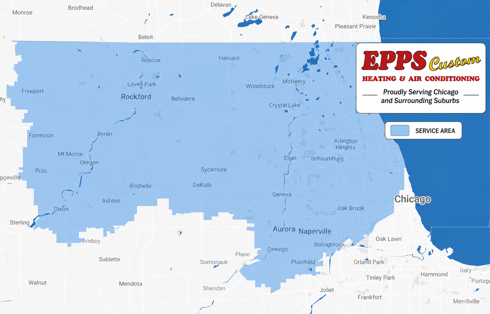 Map of Epp’s Custom Heating & Air service areas across Chicagoland